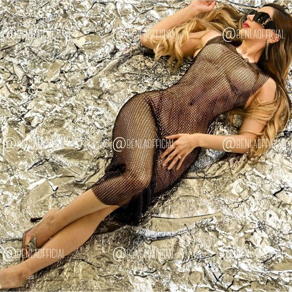 NWT ZARA CRYSTAL MESH DRESS BLOGGERS FAV GOLD AND BLACK - Picture 1 of 11